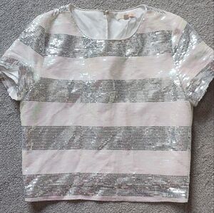 GB Gray and White Short Sleeved Sequined Top